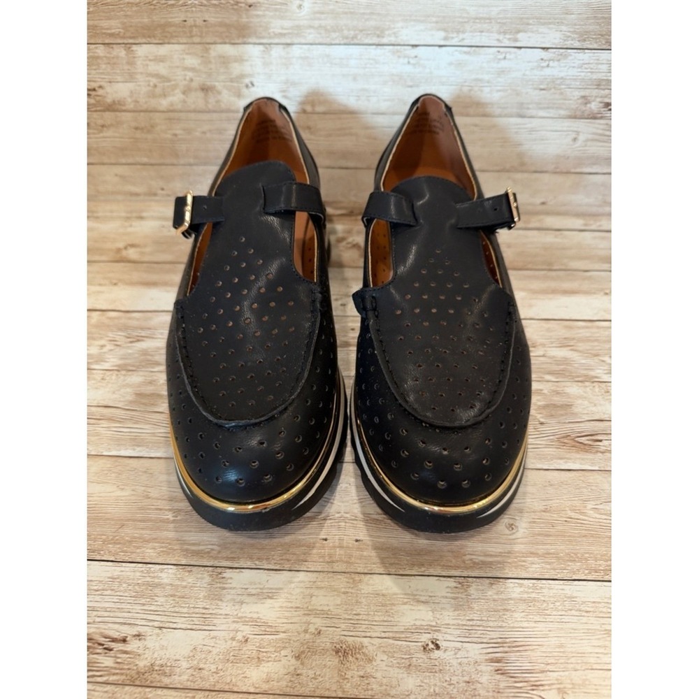 GC‎ Shoes Karmine Black Laser Cut Mary Jane Platform Loafers Striped Sole Womens